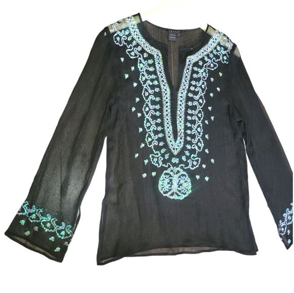 Venus Black Semi Sheer Silk Turquoise  Sequin Embroidered Beaded Tunic S - Picture 6 of 14